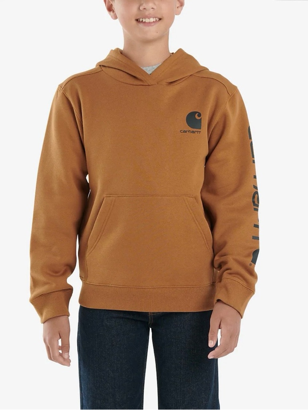 NWT Carhartt Boys XL 18/20 Brown Sleeve Logo Graphic Hoodie Sweatshirt